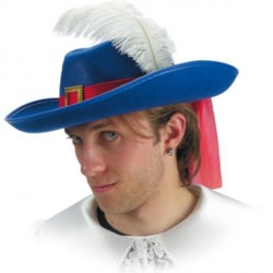 chapeau-mousquetaire-bleu-en-feutrine-avec-boucle-or-et-plume