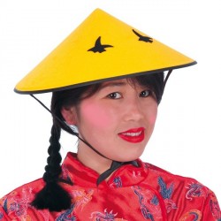 chapeau-chinois-jaune-et-noir-avec-tresse