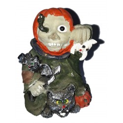 Figurine pour Halloween 1 monstre avec 1 chat noir, 1 fantôme, 1 citrouille, il tient un couteau et une chauve souris Halloween