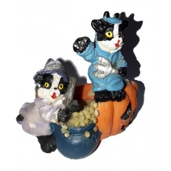 photophore d'halloween deux chats noir et blanc habillés, avec 1 chaudron et 2 citrouilles Halloween