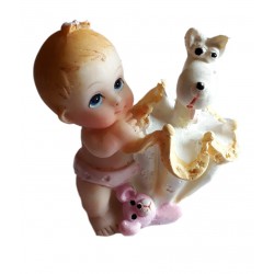 Figurine miniature 1 bébé fille avec un parapluie jaune et un chien blanc dedans