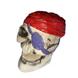 Figurine tête de mort de pirate au bandana rouge et cache oeil