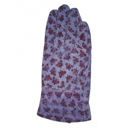 gants en cuir coloré en bleu parme avec de petits papillons bordeaux