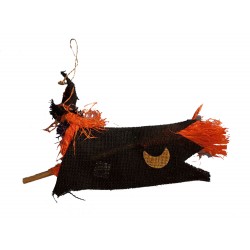 Sorcière en toile de jute noire et raphia orange elle vole sur son balai en bois Halloween
