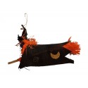 Sorcière en toile de jute noire et raphia orange elle vole sur son balai en bois Halloween