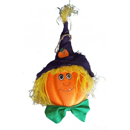 Tête d'épouvantail en forme de citrouille chapeautée en raphia et toile de jute Halloween