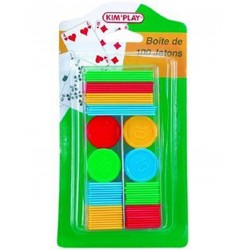 100 jetons colorés Kim'Play dans une boite en plastique transparente
