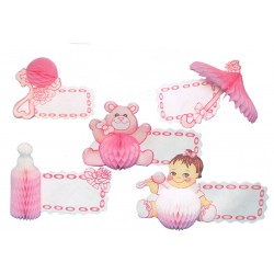 5 Bébé rose porte-nom, marques-place motifs en papier alvéolé hochet, ombrelle, biberon, nounours