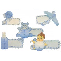5 Bébé bleu porte-nom, marques-place motifs en papier alvéolé hochet, ombrelle, biberon, nounours