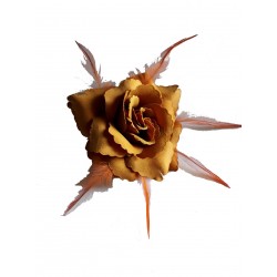Fleur ocre jaune tissu thermoformé et plumes, avec broche pour la maintenir