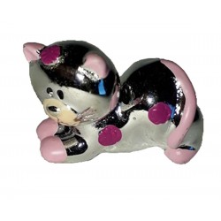 Figurine Chaton argent et rose allongé prêt au départ