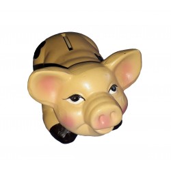 Tirelire en forme de cochon couché sur le dos avec un gros sourir dans une caisse en bois
